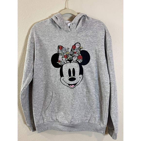 Disney Minnie Mouse Sweater Womens XL Gray Embroidered Flowers Hoodie - Picture 4 of 6